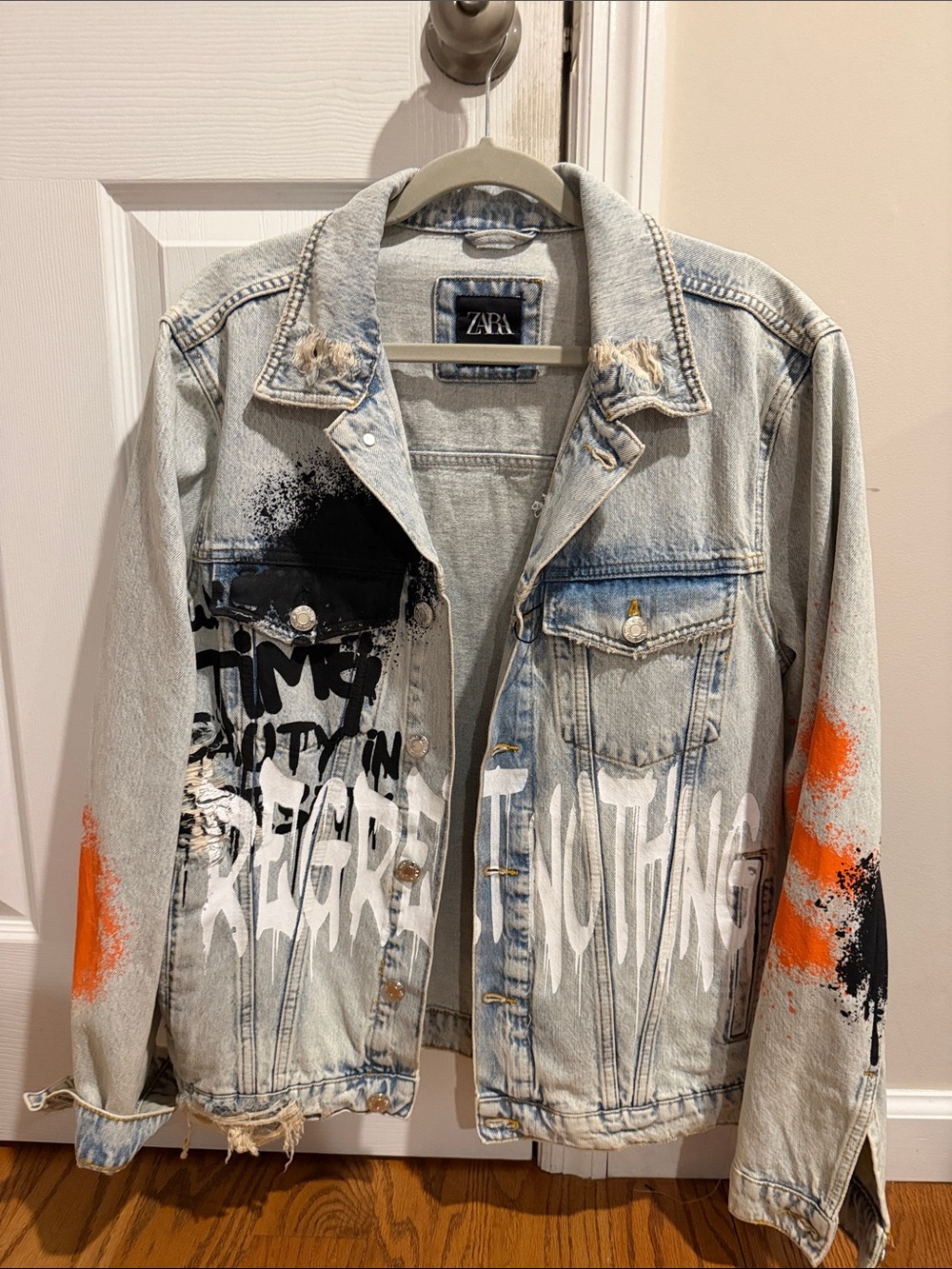 Zara Light Wash Denim Jacket with Black, White & Orange Paint Splatter